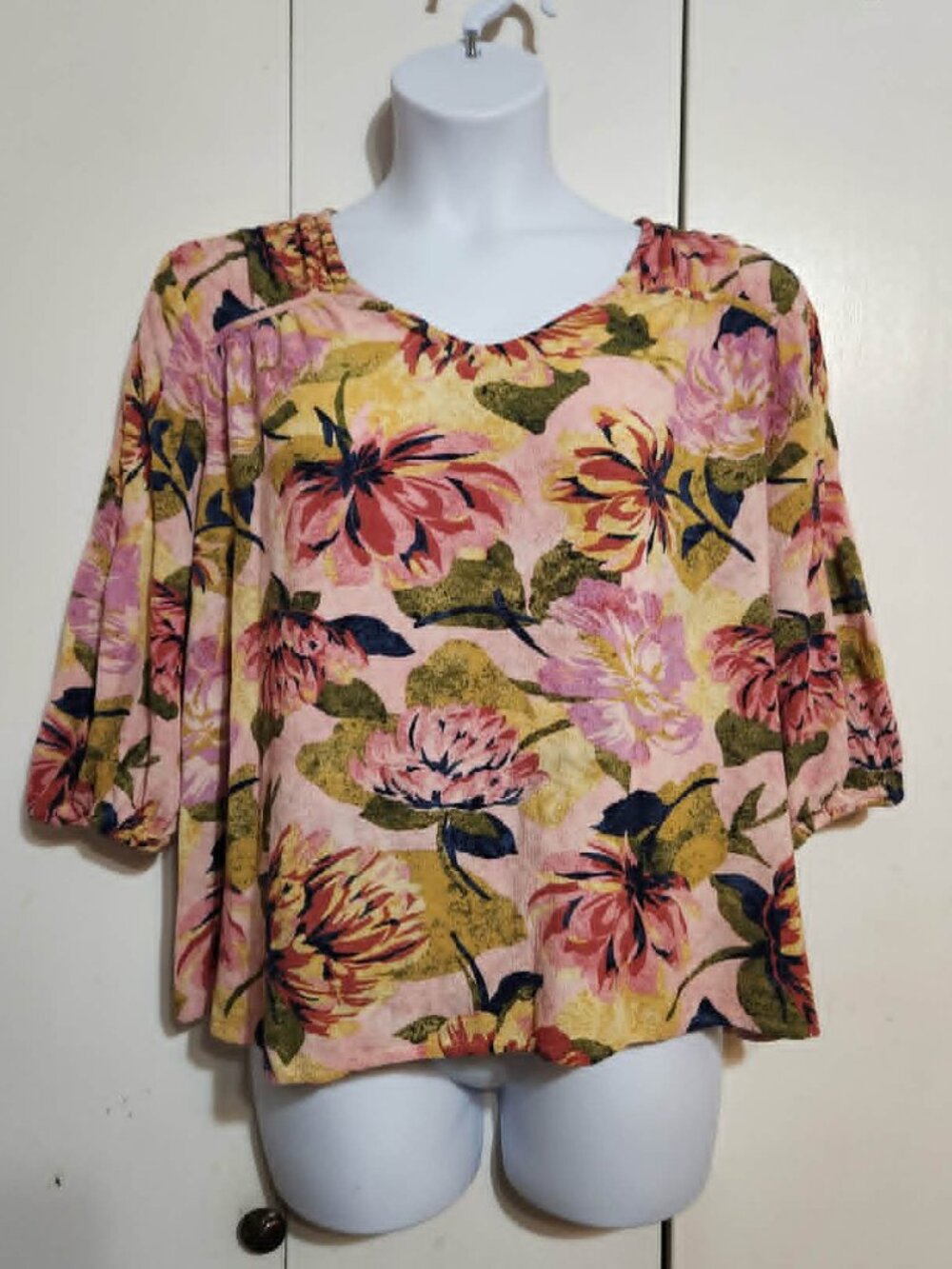 Terra & Sky Top 1X 16W-18W Pink Floral Gauze Blouse 3/4 Puff Sleeve Boho Peasant